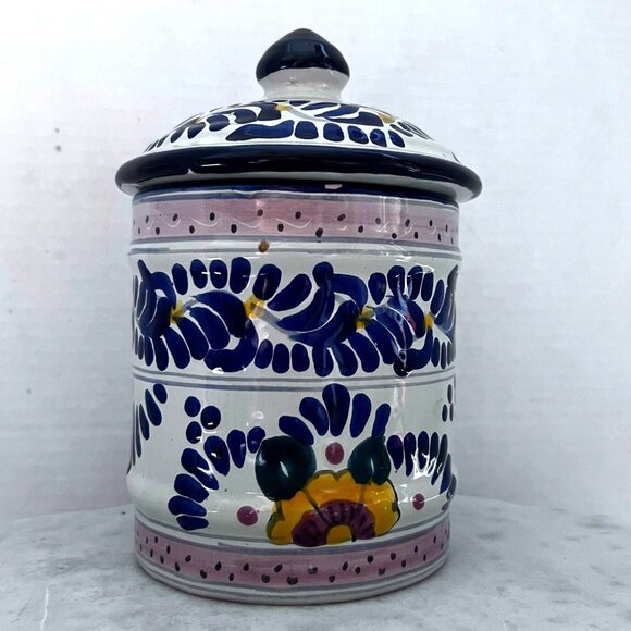 Ceramic 7" Jar Canister Lid Floral Geometric Pink/Blue/White Artisan Talavara - Picture 2 of 8